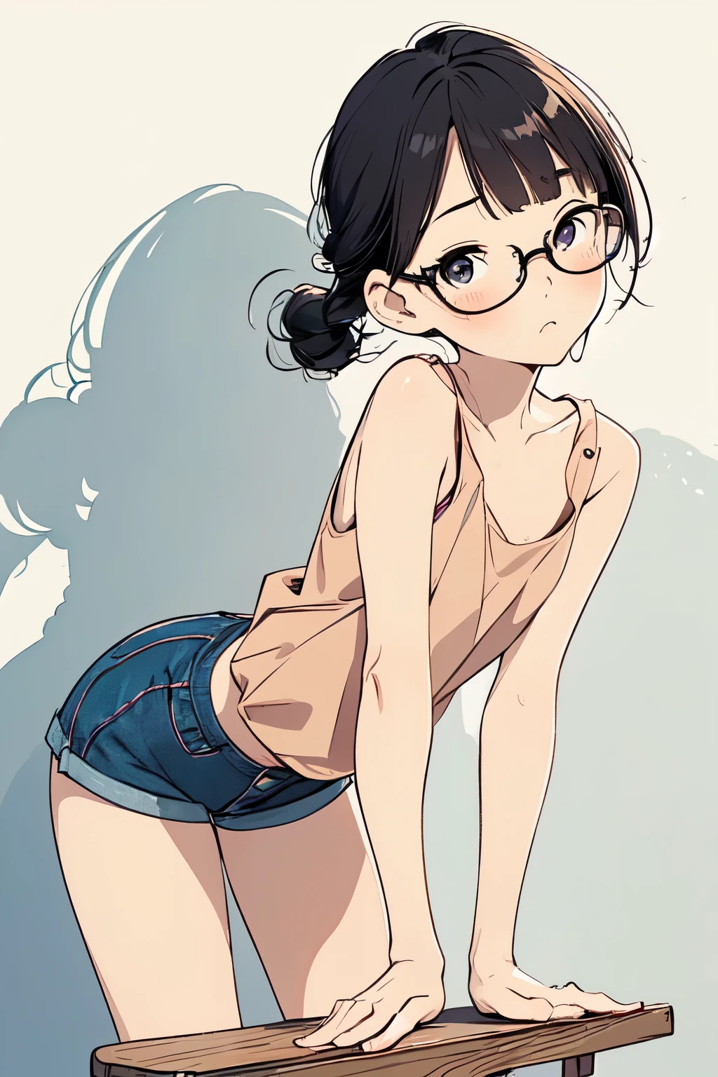 4K, masterpiece, 8k, high quality, 最high quality, in house, solo, 1 girl, In room, Room Background, (lineart:0.6) , clean lineart, watercolor, reading glasses, detailed glasses, short black hair in twin braids, Blunt bangs，Very short，skin tight Shorts , Short denim shorts, Camel Toe，iris, amber eyes, barefoot，Small Ass，Thin thighs，small frame，Flat Chest, Embarrassed, tsundere，(Extremely sensitive: 1.0), belly button, navel, detailed fingers，(detailed skin：1.3), glossy pink lips, cartoonish character design,1 girl, alone，big eyes，Cute expression, looking up at viewer, (leaning forward:1.5), (downblouse:1.5), (very loose tank top-shirt:1.5) 