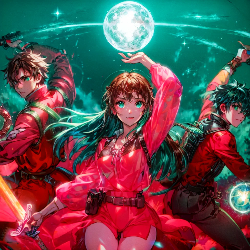 3 characters, 2 men, 1womanl. under a night sky full of stars. At the center, the female character with long red hair and blue eyes, wearing a white blouse with a black corset and brown belts. This character holds a glowing blue sphere above his head with both hands.. On the left a character with dark hair and glasses, wearing a blue coat and wielding a sword that emits dark energy. On the right another character with spiky green hair is casting a spell with glowing green magical energy around his hand. All characters are positioned in front of an ethereal cosmic backdrop that includes a large luminous moon and spiral galaxies. Extremely detaild, 8k, HDR, naturallight, cinematic lighting, masterpiece-anatomy-perfect, ultra HD, RAW photo, metallic, professional, ultra-fine painting, perfect body proportions, anatomically correct, uhd, real texture material, Anti-Aliasing, FKAA, TXAA, SSAO, Post Processing, Post Production, Tone Mapping, CGI, VFX, SFX, hyper maximalist, Volumetric, ultra photorealultra-detailed intricate details.