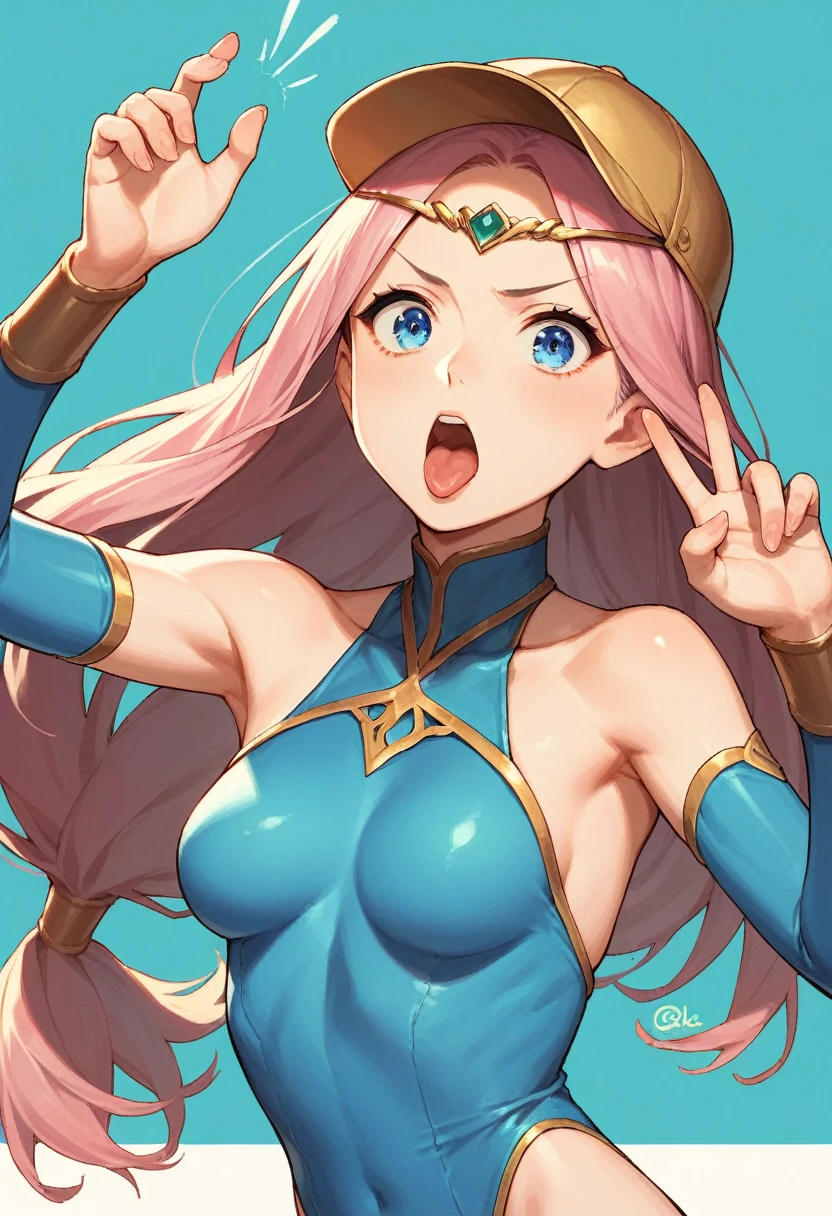 Kawei, One girl, alone, Long Hair, View your viewers, Open your mouth, blue eyes, Pink Hair, Skin of color, surprised, Circlet, Exposing shoulders, Gold Cap, arms by side, Blue Collar, Detachable collar, eyelash, Green skin, close, low-tied Long Hair, Pointy Nose, V-shaped eyebrows, tongue, Blue leotard on the upper teeth, Removable sleeves, Blue Armwear, ballet ballerina balletダンス