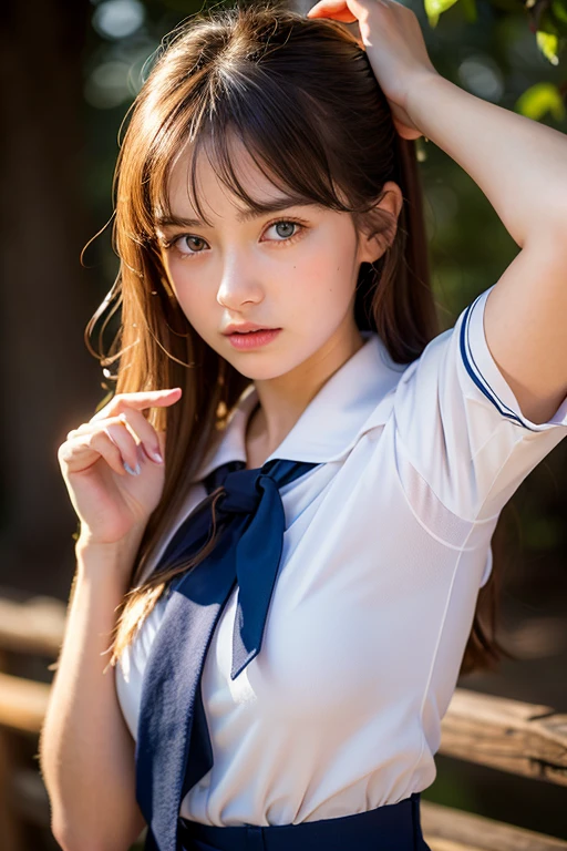 (masterpiece, Highest quality:1.1), (Ultra-fine 8K CG:1.2), (hyperRealistic:1.35), (PhotoRealistic:1.45), (Realistic:1.4), [Cowboy Shot], (Soft lighting), A beautiful Russian girl, 14 years old, put your hands in your hair, Underarm, Raise the hand, Japan Junior High School Sailor Uniform,