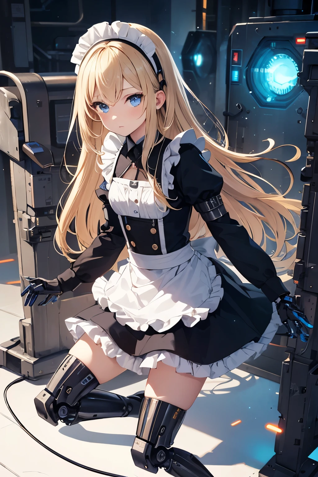   girl ,girl 12 year old  , mechanical face , futuristic maid dress ,flat  chest ,long blonde hair frinje ,(loli body), mechanic-headband, blue leds ,blue  light auréola,   quality, 8k ,maid uniform , Cyborg arms. Mechanical Limbs Metal,  Mechanical legs .Power cablles conected in machine. Circuitos. 