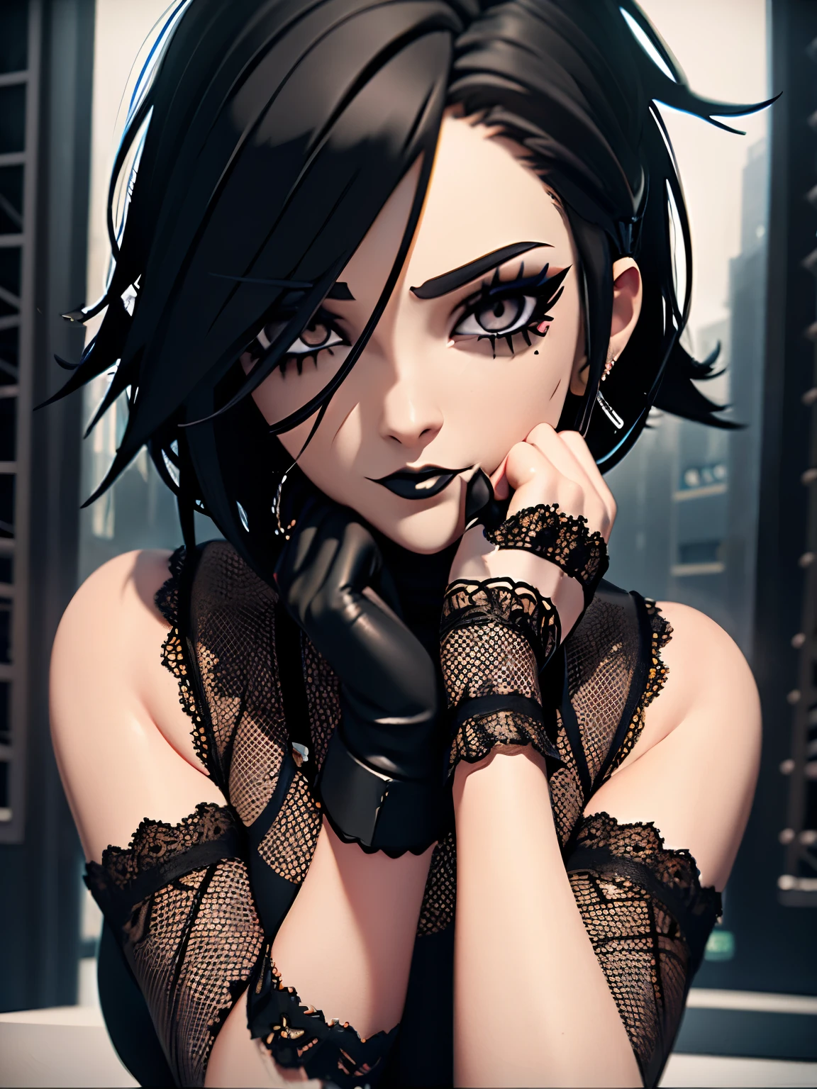 ultra detailed 8k cg, 1girl, blender, black hair, looking at viewer, portrait, goth, goth makeup, black lips, eyeliner, mascara, pale skin, black eyes, messy hair, short hair, short messy hair, fishnets, outdoors, bedhead, lace gloves, bangs