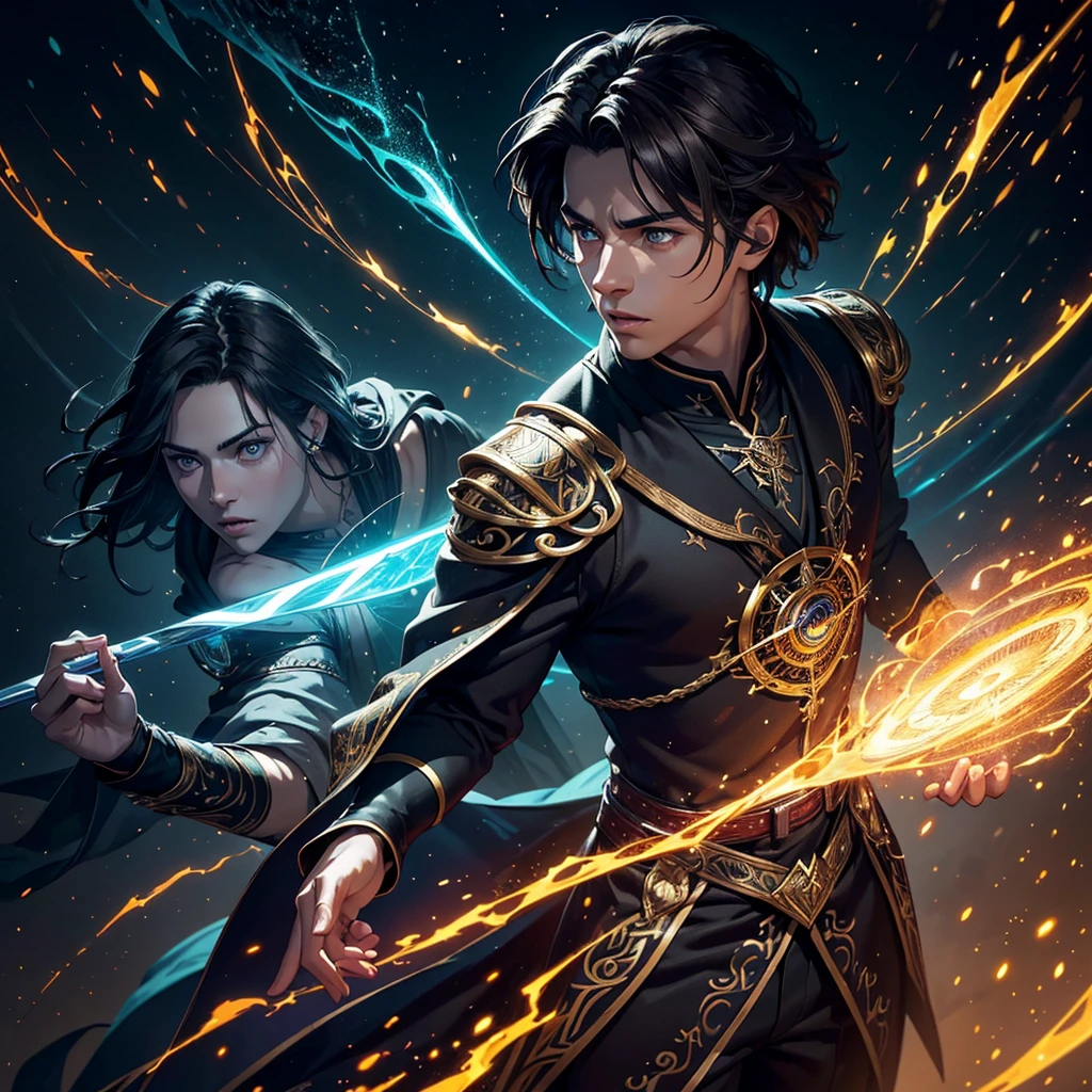 a young male wizard between 25 and 30 years old, dark brown hair, green-gray eyes, intricate patterned magical robes, ebony staff adorned with glowing crystals, standing confidently in a grand magical academy, charismatic, sense of superiority, solo, full body, (best quality,4k,8k,highres,masterpiece:1.2),ultra-detailed,(realistic,photorealistic,photo-realistic:1.37),dramatic lighting, cinematic framing, dynamic pose, vivid colors, fantasy art