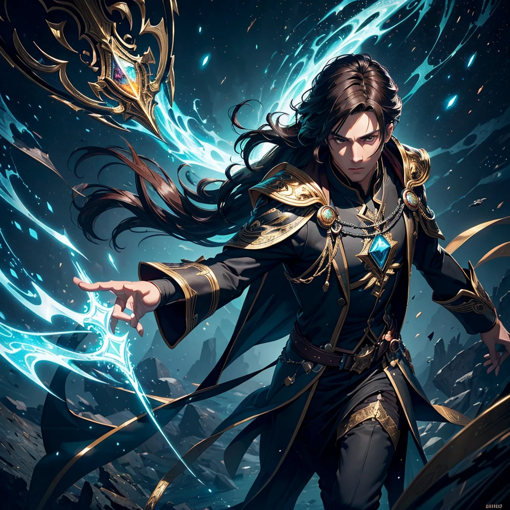 a young male wizard between 25 and 30 years old, dark brown hair, green-gray eyes, intricate patterned magical robes, ebony staff adorned with glowing crystals, standing confidently in a grand magical academy, charismatic, sense of superiority, solo, full body, (best quality,4k,8k,highres,masterpiece:1.2),ultra-detailed,(realistic,photorealistic,photo-realistic:1.37),dramatic lighting, cinematic framing, dynamic pose, vivid colors, fantasy art
