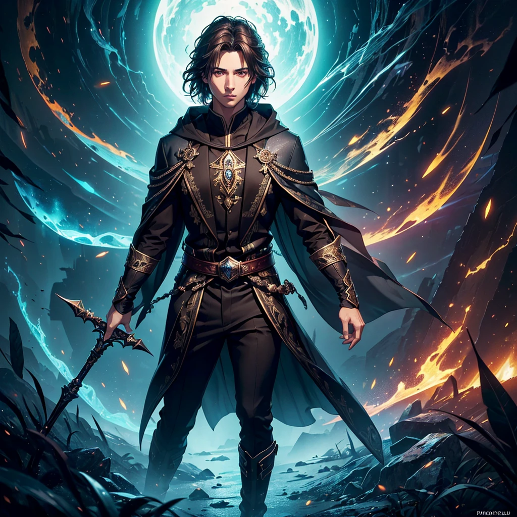 a young male wizard between 25 and 30 years old, dark brown hair, green-gray eyes, intricate patterned magical robes, ebony staff adorned with glowing crystals, standing confidently in a grand magical academy, charismatic, sense of superiority, solo, full body, (best quality,4k,8k,highres,masterpiece:1.2),ultra-detailed,(realistic,photorealistic,photo-realistic:1.37),dramatic lighting, cinematic framing, dynamic pose, vivid colors, fantasy art