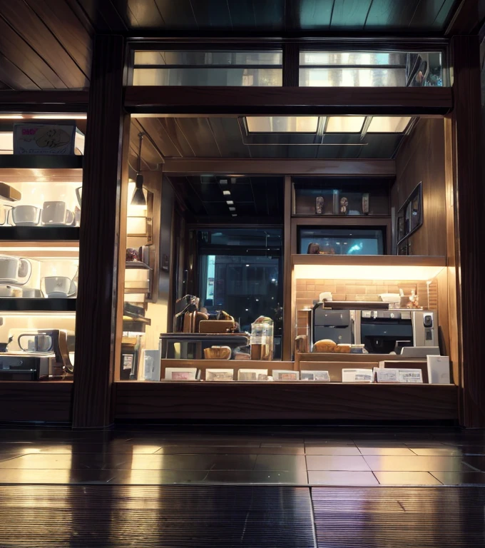 A magical scene of a small coffee shop on a rainy afternoon, captured by Makoto Shinkai, Soft color palette that enhances the atmosphere, lofi music adding a unique sound layer, atmosphere of serenity and conviviality (best qualityer), 8k resolution), (ultra highres).

