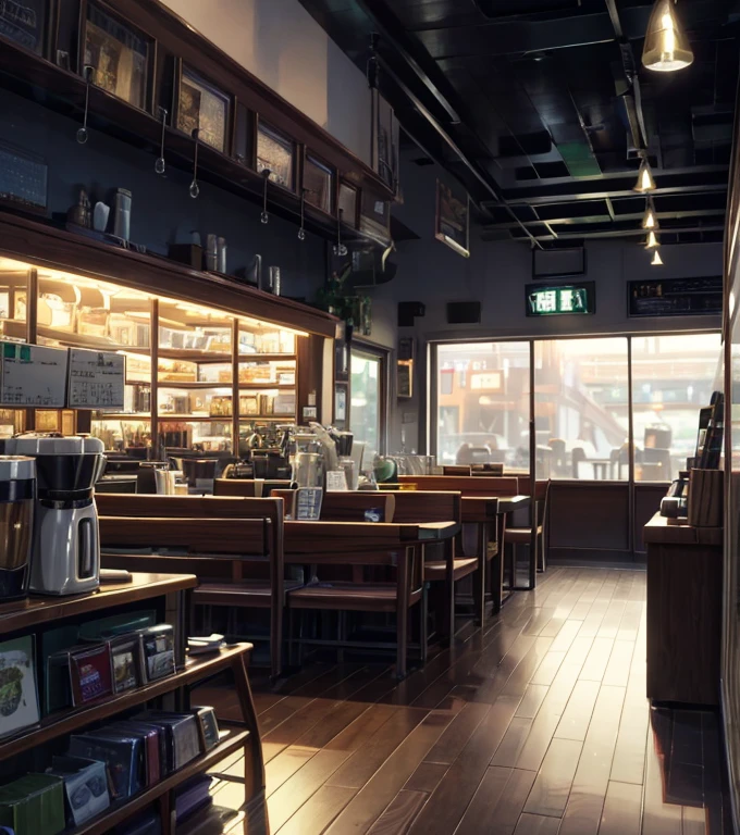A magical scene of a small coffee shop on a rainy afternoon, captured by Makoto Shinkai, Soft color palette that enhances the atmosphere, lofi music adding a unique sound layer, atmosphere of serenity and conviviality (best qualityer), 8k resolution), (ultra highres).