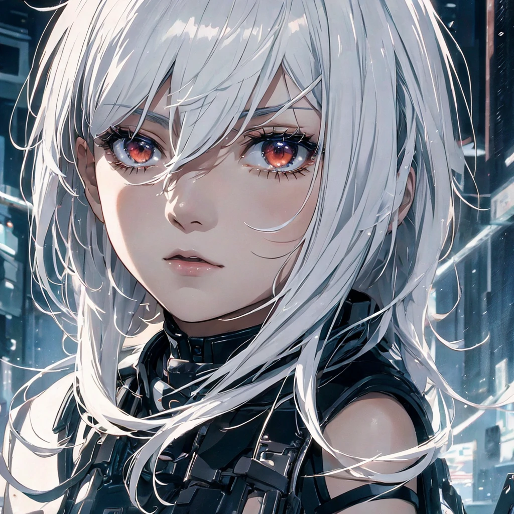 Dystopia、Close-up of face、One Woman, White hair color、Amazing anime 8k,male Anime characters, trigger anime art style,、 Best anime 4k konachan wallpaper, Nervous Teenage Assassin, Anime-style characters, Anime characters,