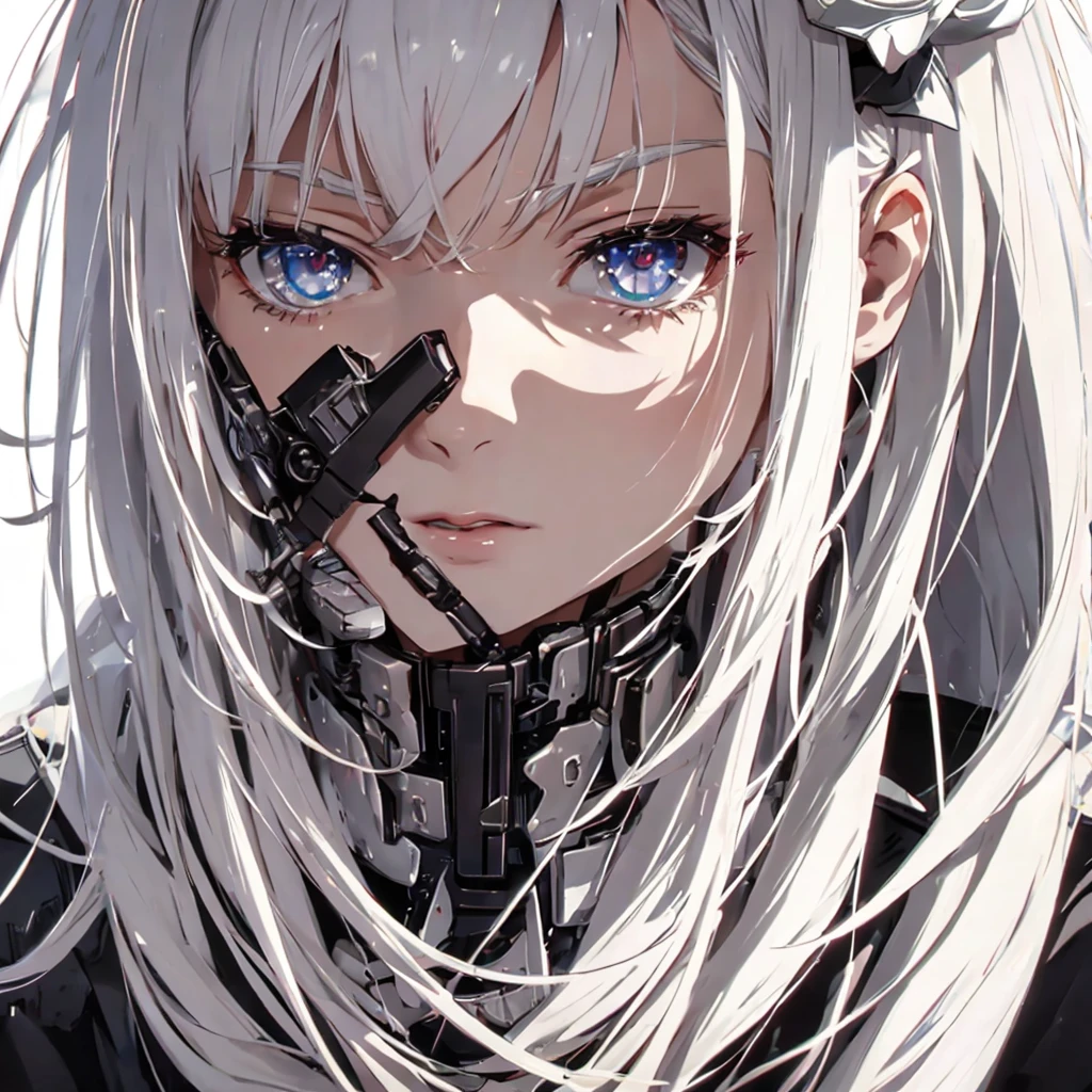 Dystopia、Close-up of face、One Woman, White hair color、Amazing anime 8k,male Anime characters, trigger anime art style,、 Best anime 4k konachan wallpaper, Nervous Teenage Assassin, Anime-style characters, Anime characters,