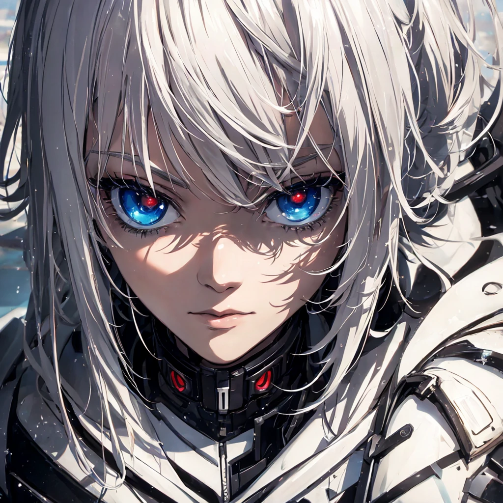 Dystopia、Close-up of face、One Woman, White hair color、Amazing anime 8k,male Anime characters, trigger anime art style,、 Best anime 4k konachan wallpaper, Nervous Teenage Assassin, Anime-style characters, Anime characters,