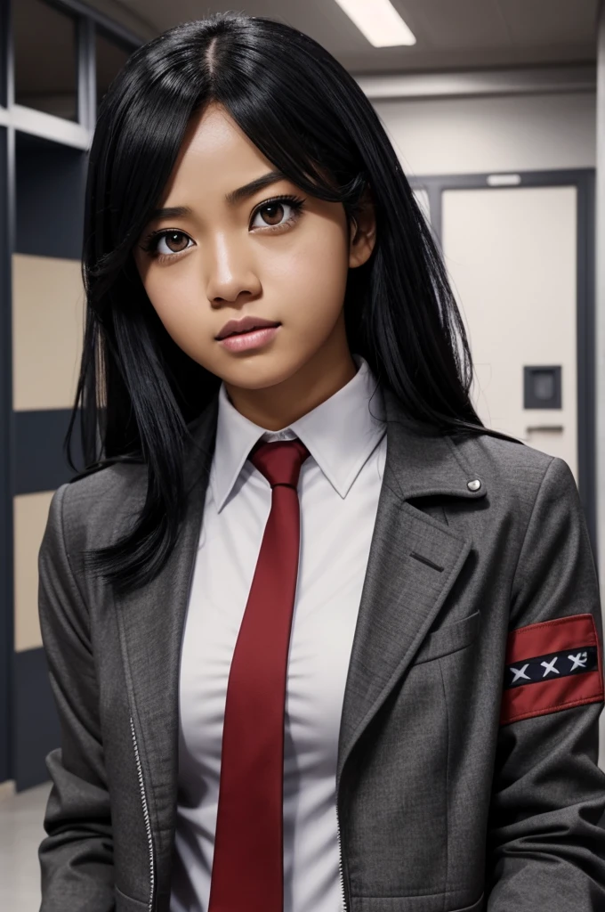 Screenshot Boku no hero academia, beautiful woman, straight black hair, slanted eyes and black color, mocking expression on the face, Gray jacket uniform and red tie, brown skin