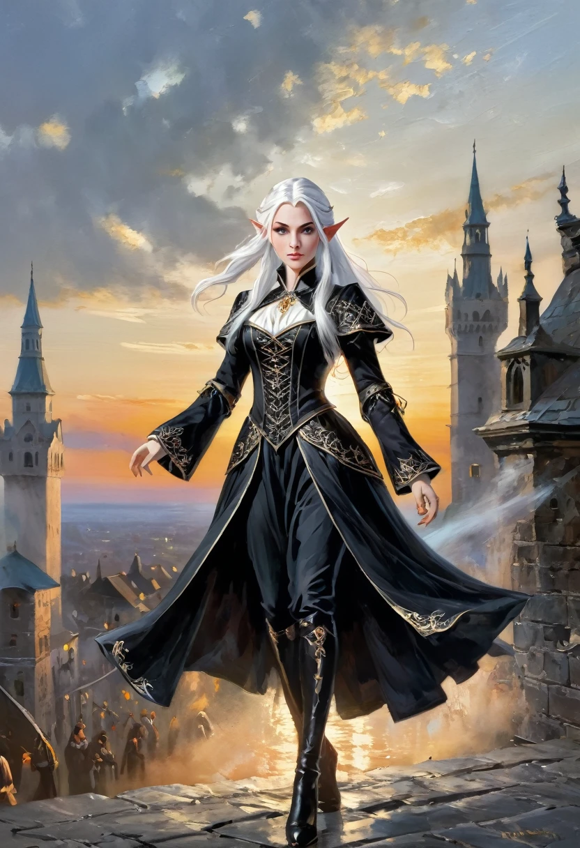 1 gorgeous magician woman using his magic powers on a battle scene, expressive eyes, elf ear, white hair, black patterned clothes dress, , full length portrait , big medieval city in  sunset in background, detail richness, masterpiece, best quality