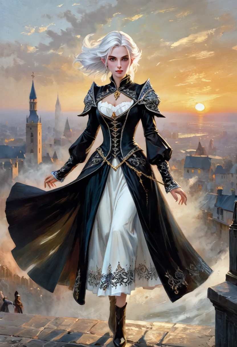 1 gorgeous magician woman using his magic powers on a battle scene, expressive eyes, elf ear, white hair, black patterned clothes dress, , full length portrait , big medieval city in  sunset in background, detail richness, masterpiece, best quality