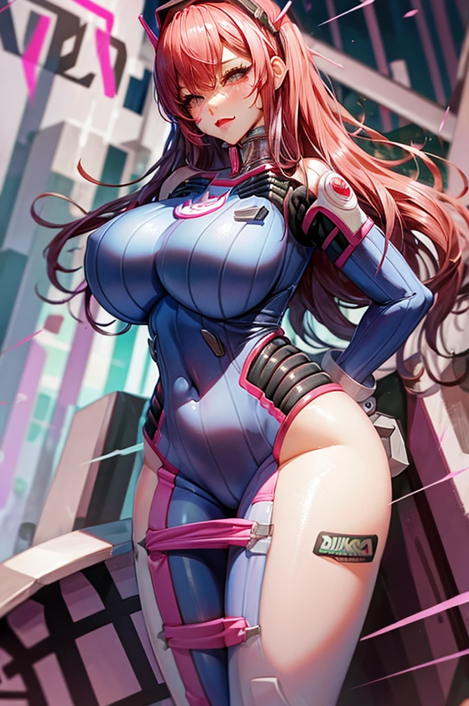 busty bimbo with long bubblegum pink hair, thick hips, D. Va, thick, slut, bimbo