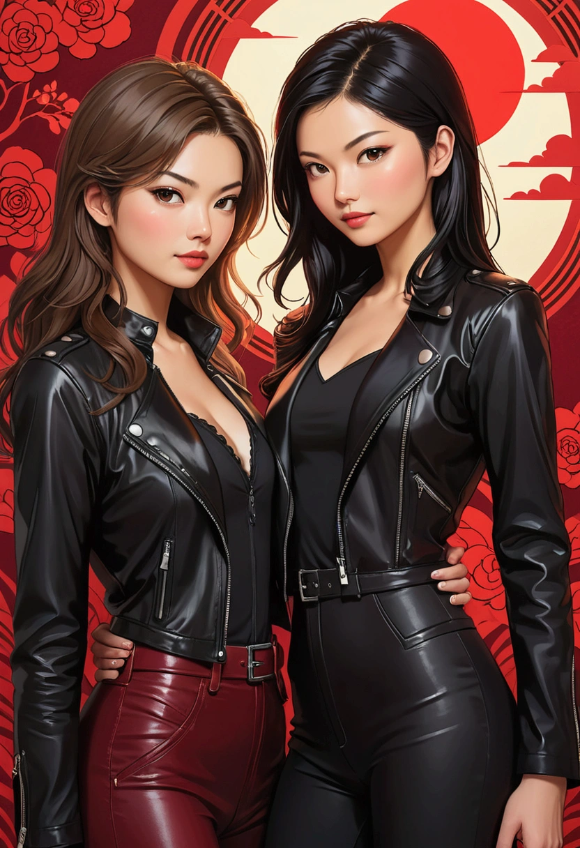 Two beautiful women in love, Sarah Kay style, one British, with semi-short light brown hair, dressed in black leather pants and a black shirt and a black leather jacket, and the other woman with delicate Asian features, with long black hair, dressed in a beautiful carmine red long-sleeved dress.