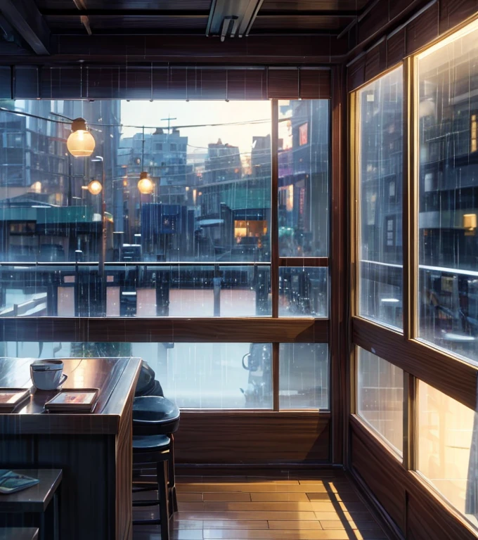 A magical scene of a small coffee shop on a rainy afternoon, captured by Makoto Shinkai, Soft color palette that enhances the atmosphere, lofi music adding a unique sound layer, atmosphere of serenity and conviviality (best qualityer), 8k resolution), (ultra highres).

