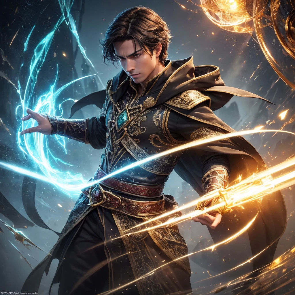 a young male wizard between 25 and 30 years old, dark brown hair, green-gray eyes, intricate patterned magical robes, ebony staff adorned with glowing crystals, standing confidently in a grand magical academy, charismatic, sense of superiority, solo, full body, (best quality,4k,8k,highres,masterpiece:1.2),ultra-detailed,(realistic,photorealistic,photo-realistic:1.37),dramatic lighting, cinematic framing, dynamic pose, vivid colors, fantasy art