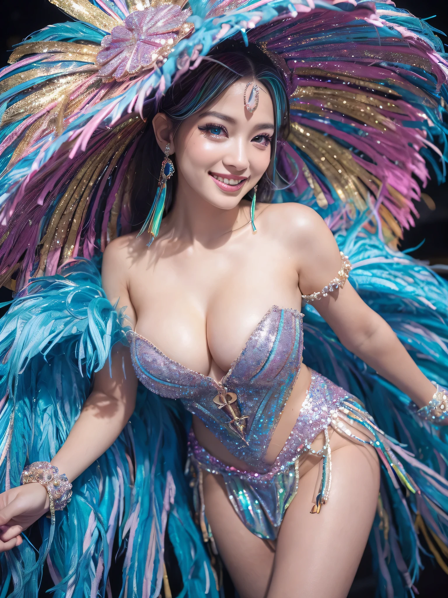 (1young girl), kawaii, (happy smile:1.2), cute face, (samba carnival costume, beautiful iridescent costume:1.3), cleavage, beautiful breasts, (Best Quality:1.4), Realistic, extremely detailed CG unified 8k wallpaper, highly detailed, professional photography, Realistic portrait, Outdoors, (samba carnival festival:1.2), (samba carnival, lively festivals, lots of people), (Samba carnival dancer costume, gorgeous, luxurious, wonderful costume, sexy costume, glittering, gorgeous, sequins, elegant:1.2), miracle, the best moment, (Fine face:1.2),