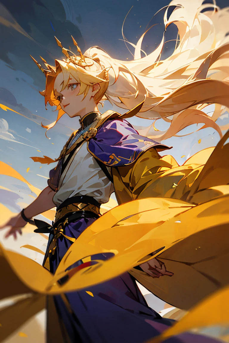 ((melhor qualidade)), ((obra de arte)), (detalhado), Male, amber hair, long hair, ponytail, purple and Golden clothes, wearing laurel crown, Storm, Wind, hair swaying in the wind