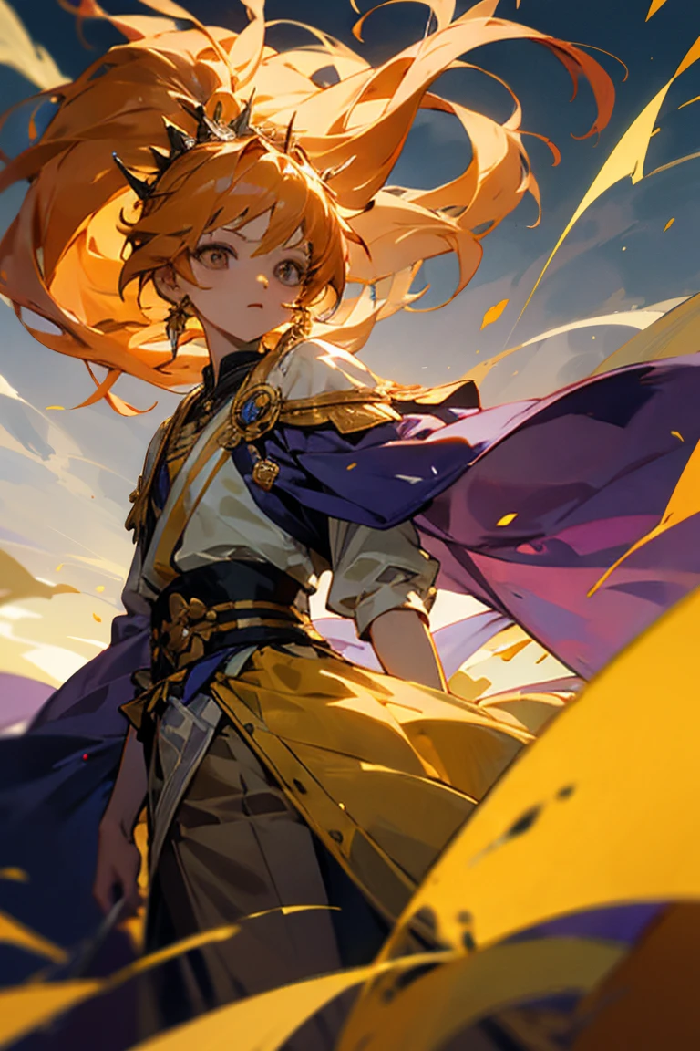 ((melhor qualidade)), ((obra de arte)), (detalhado), Male, amber hair, long hair, ponytail, purple and Golden clothes, wearing laurel crown, Storm, Wind, hair swaying in the wind