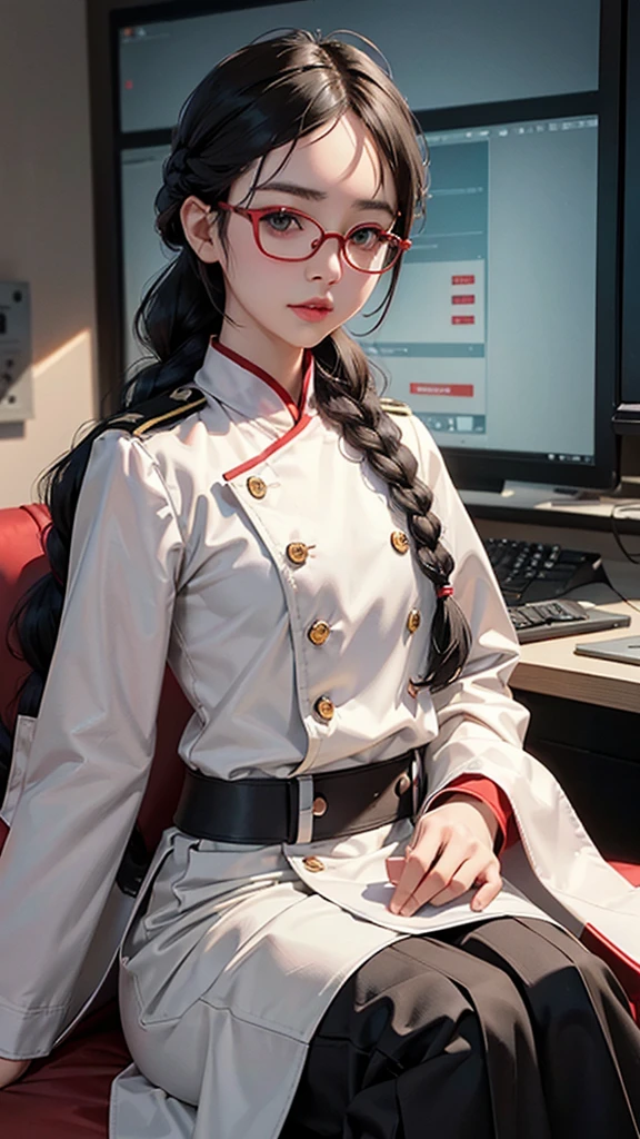 (highest resolution),(Not),((Maximum eye detail))(Beautiful picture),(Maximum eye detail)),Sci-fi movie poster,(Small chest),(สไตล์ภาพscience fiction), (best quality),(Masterpiece),(Maximum face detail),((realistic face)),(Maximum face resolution),adult,east asian woman, shape,black hair,((Bangs 1.3 )),(double braid hairstyle ),green eyes,((red glasses)),(tall military uniform),long skirt,white coat,future,science fiction,(( ยืนอยู่บริเวณNaval Base)),Naval Base