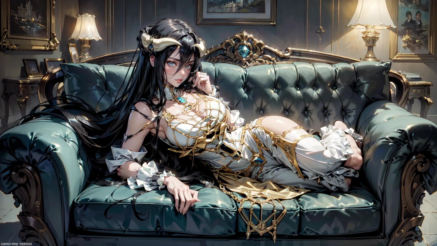 ((A masterpiece of modern digital ANIME ).(artstation in 4K).(Best image quality with high resolution).(Beautiful and skillful image composition).(Beautiful perspective of the image) ((Beautiful albedo overlord)),((Long hair, voluminous hair )),((Aesthetic body:1.4)),((Massive horns)),((Wear an elaborate Victorian costume:1.3)),Dark colors of clothing , A haughty look (a girl lying on A large dark Sofa with details and soft Venetian cushions.)