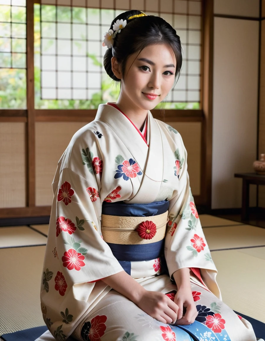 Cowboy shot , (sitting on tatami), a Japanese ancient girl,  (beautiful Japanese Young General, girl is 20 years old), (Highly detailed face, Black hair ,Brown eye, chignon fringe, Fuller lips, little Lips, little smile), (C cup breasts, middle hip), (Japanese kimono , flower pattern, decorative sash worn with a kimono obi), tea room in Japanese tea-house on Garden, sunrise ,(masterpiece, Highest quality, masterpiece, God-like quality, Godly art, , Very realistic)