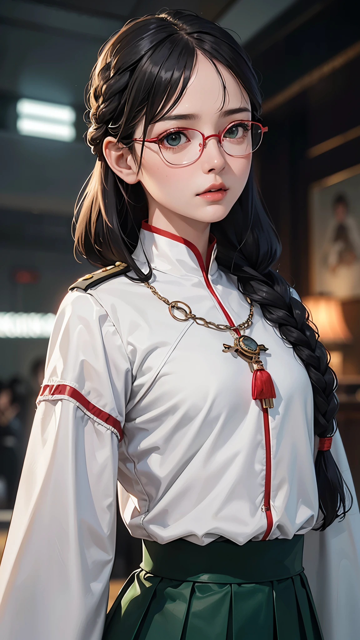 (highest resolution),(Not),((Maximum eye detail))(Beautiful picture),medium distance photography,(Maximum eye detail)),Sci-fi movie poster,(Small chest),(สไตล์ภาพscience fiction), (best quality),(Masterpiece),(Maximum face detail),((realistic face)),(Maximum face resolution),adult,east asian woman, shape,black hair,((Bangs 1.3 )),(double braid hairstyle ),green eyes,((red glasses)),(tall military uniform),long skirt,white coat,future,science fiction,(( ยืนอยู่บริเวณNaval Base)),Naval Base