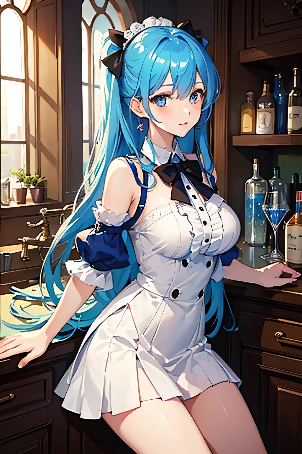 Masterpiece, highest quality, 1girl, blue hair, blue eyes, happy, bartender