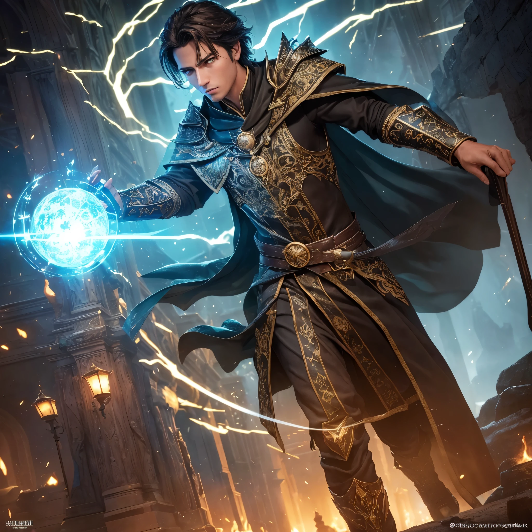a young male wizard between 25 and 30 years old, dark brown hair, green-gray eyes, intricate patterned magical robes, ebony staff adorned with glowing crystals, standing confidently in a grand magical academy, charismatic, sense of superiority, solo, full body, (best quality,4k,8k,highres,masterpiece:1.2),ultra-detailed,(realistic,photorealistic,photo-realistic:1.37),dramatic lighting, cinematic framing, dynamic pose, vivid colors, fantasy art