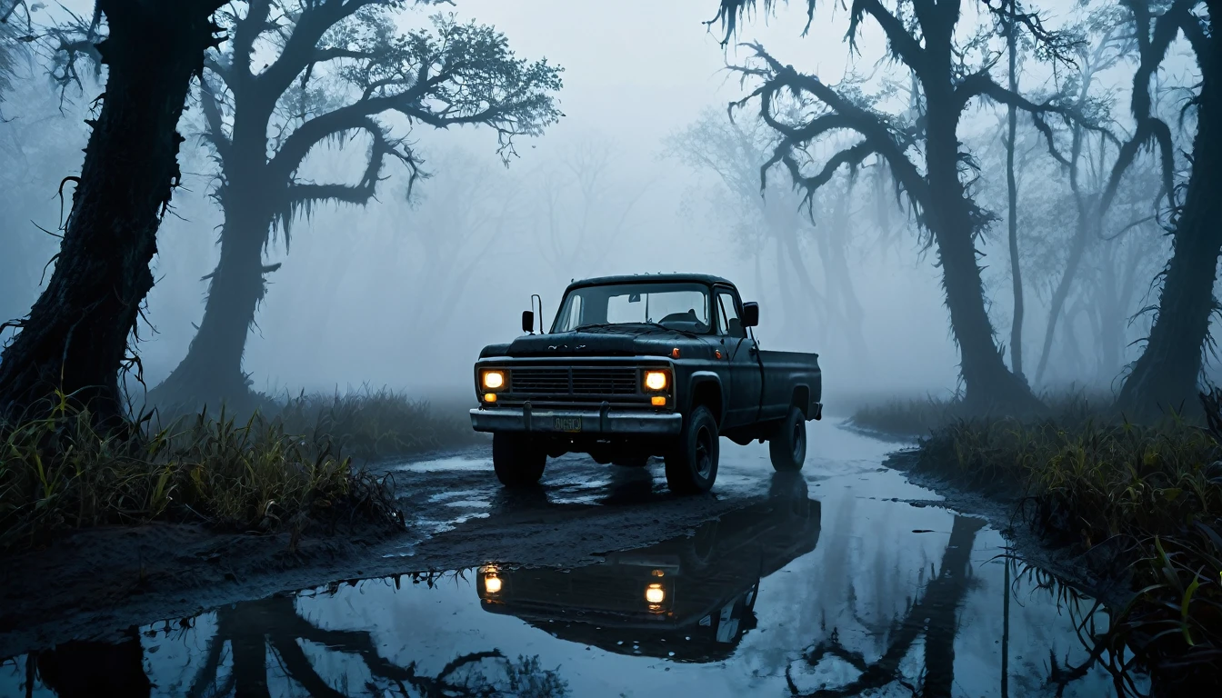 007: Create a hyper-realistic image of a black truck driving through a desolate, fog-covered swamp at night. The truck's headlights cut through the fog, revealing twisted, gnarled trees and murky water. Pablo, visible through the truck's window, looks tense and alert. The swamp is filled with strange, shadowy figures and eerie reflections. The road is barely visible, adding to the sense of danger. The image should be in a 16:9 format, capturing the fear and suspense of the scene.