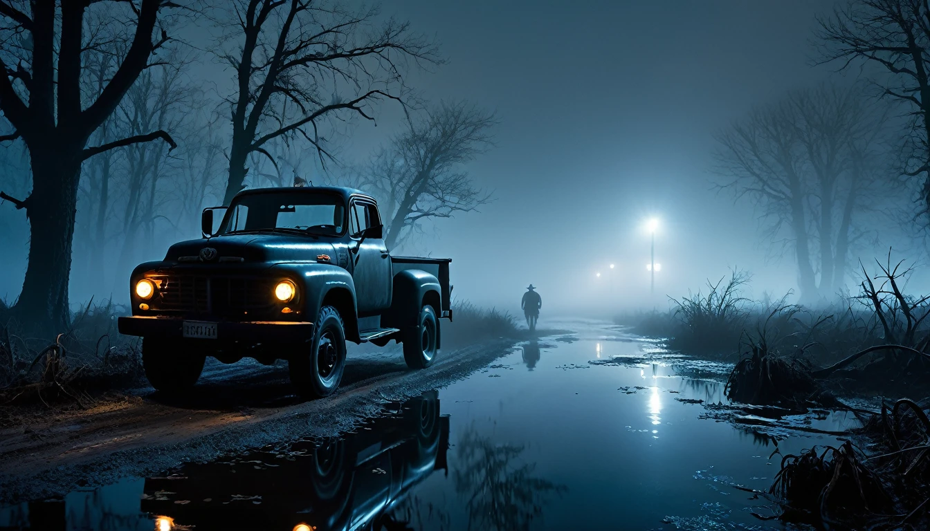 007: Create a hyper-realistic image of a black truck driving through a desolate, fog-covered swamp at night. The truck's headlights cut through the fog, revealing twisted, gnarled trees and murky water. Pablo, visible through the truck's window, looks tense and alert. The swamp is filled with strange, shadowy figures and eerie reflections. The road is barely visible, adding to the sense of danger. The image should be in a 16:9 format, capturing the fear and suspense of the scene.