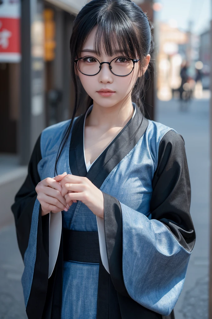 (Faithfulness: 1.4), ((Black Hanfu)), big sleeve, Small ring, get up, Mole under the eye, Denim Lenses, Bokeh, Foreshortening perspective, Negative Space, Chiaroscuro, Depth of written boundary, Ray Tracing, masterpiece, Anatomically correct, Textured skin, Highest quality, 8k, Ultra HD, Accurate