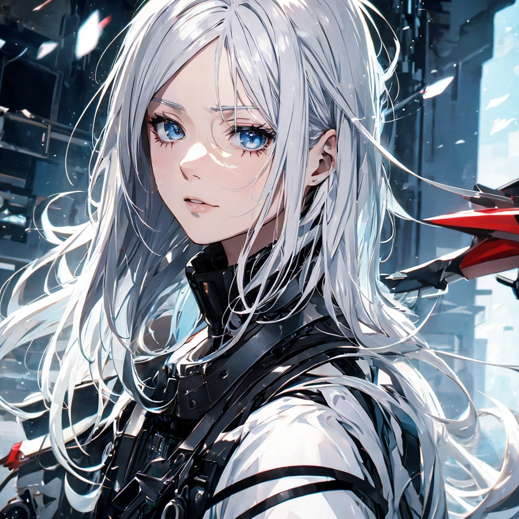 Dystopia、Head close-up、one adult woman, White hair color、Amazing anime 8k,male Anime characters, trigger anime art style,、 Best anime 4k konachan wallpaper, Nervous Teenage Assassin, Anime-style characters, Anime characters,