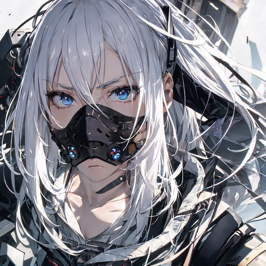 Dystopia、Head close-up、one adult woman, White hair color、Amazing anime 8k,male Anime characters, trigger anime art style,、 Best anime 4k konachan wallpaper, Nervous Teenage Assassin, Anime-style characters, Anime characters,