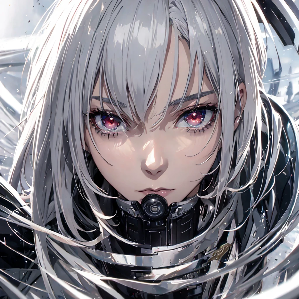 Dystopia、Head close-up、one adult woman, White hair color、Amazing anime 8k,male Anime characters, trigger anime art style,、 Best anime 4k konachan wallpaper, Nervous Teenage Assassin, Anime-style characters, Anime characters,