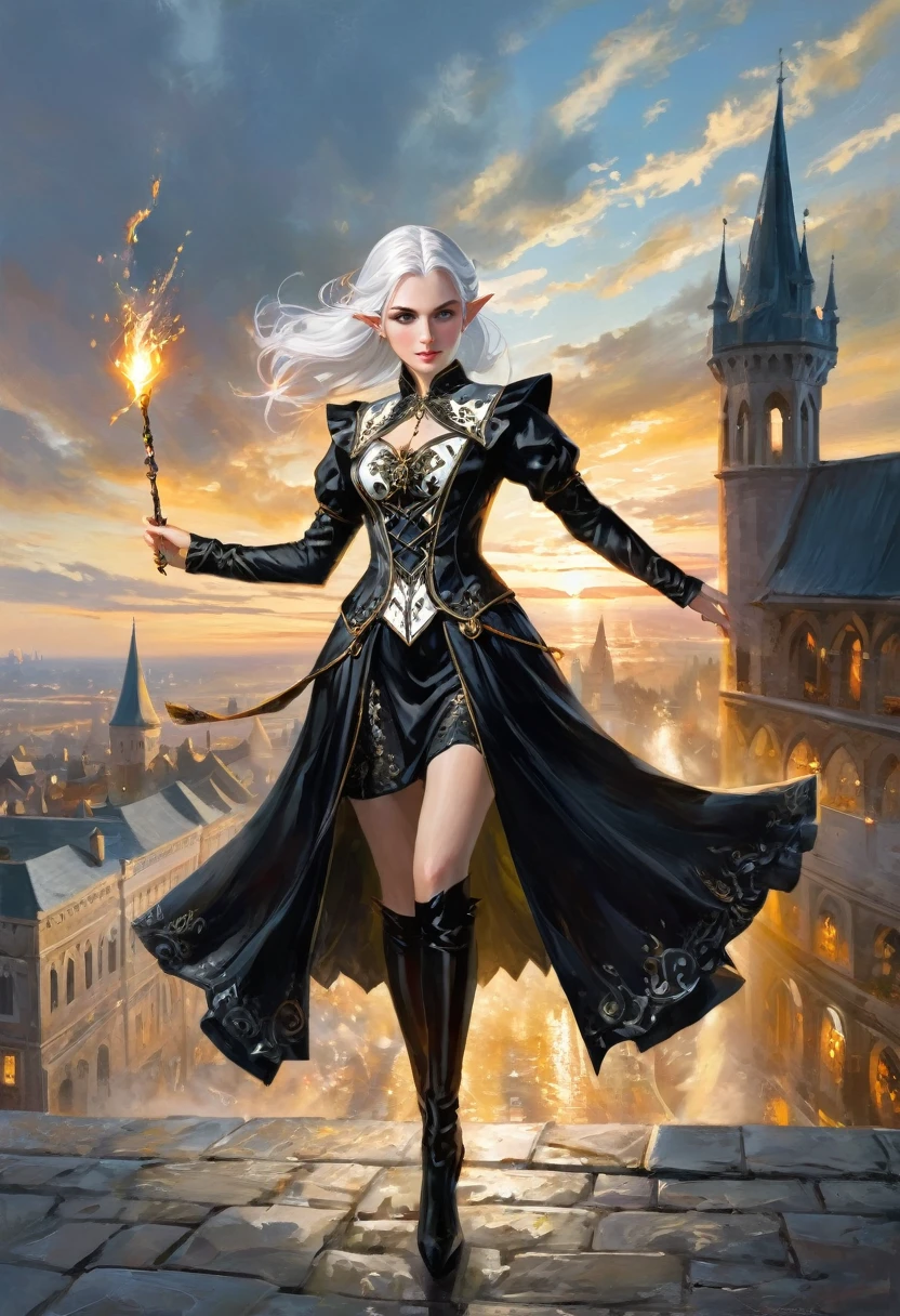 1 magician woman using his magic powers on a battle scene, expressive eyes, elf ear, white hair, black patterned clothes dress, , full length portrait , big medieval city in sunset in background, detail richness, masterpiece, best quality