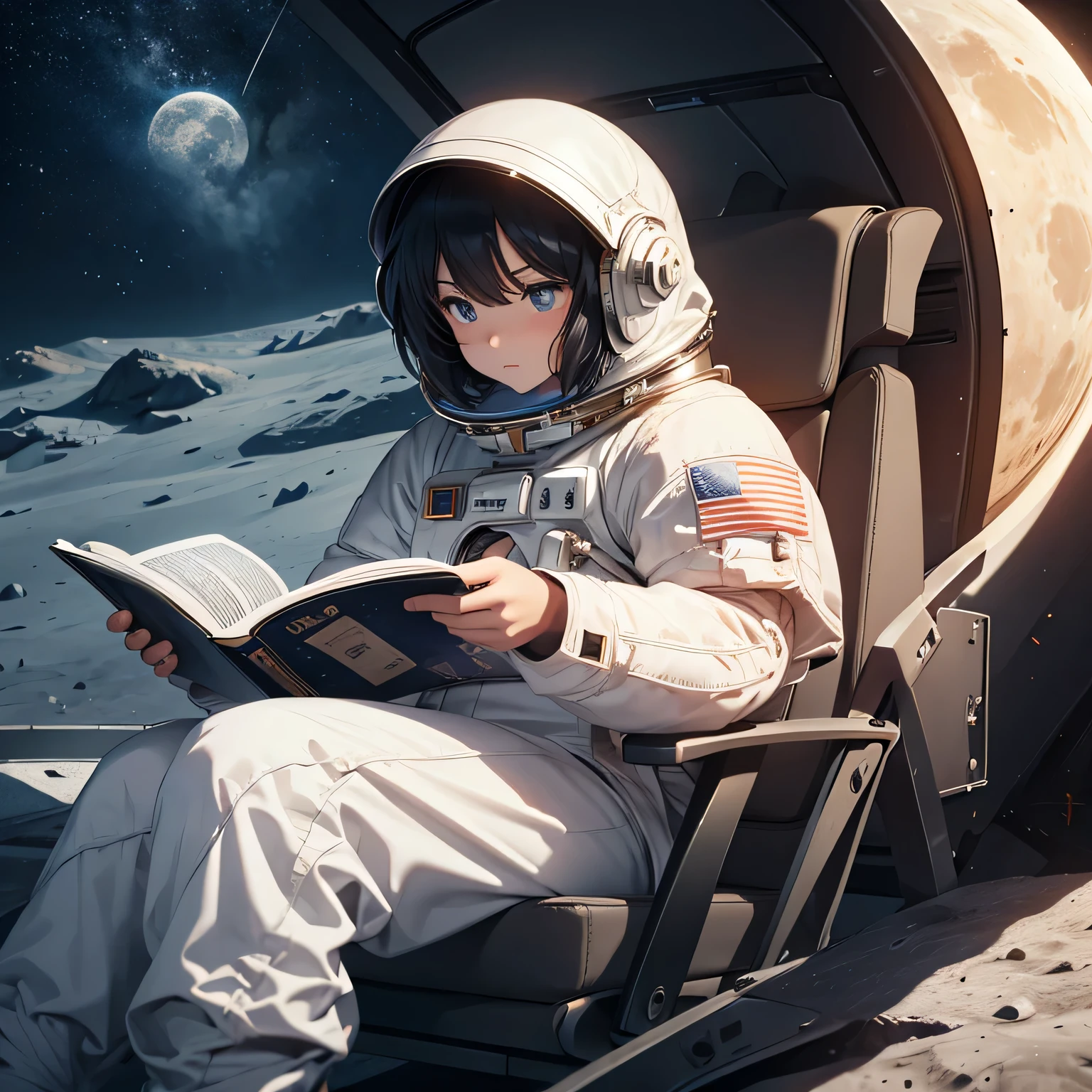 reading on the moon with an astronaut suit