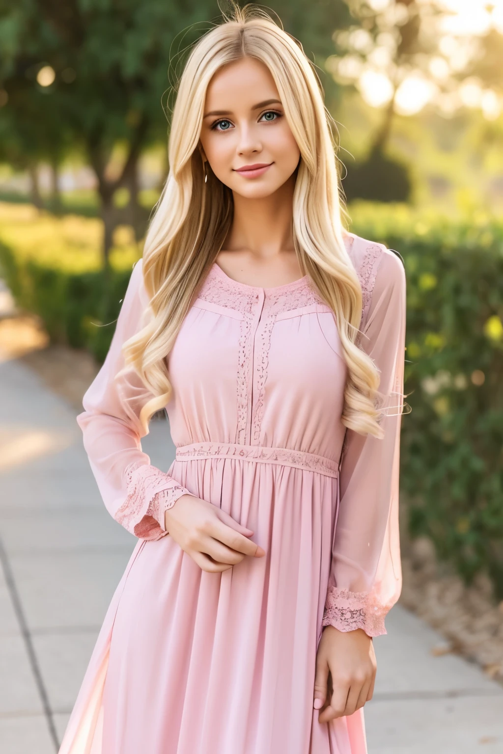 Blonde trans woman with small wearing a pink long dress with sleeves ,lomg face bluse eyes