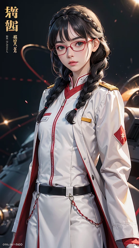 (highest resolution),(Not),((Maximum eye detail))(Beautiful picture),(Maximum eye detail)),Sci-fi movie poster,(Small chest),(สไตล์ภาพscience fiction), (best quality),(Masterpiece),(Maximum face detail),((realistic face)),(Maximum face resolution),adult,east asian woman, shape,black hair,((Bangs 1.3 )),(double braid hairstyle ),green eyes,((red glasses)),(tall military uniform),long skirt,white coat,future,science fiction,(( ยืนอยู่บริเวณNaval Base)),Naval Base