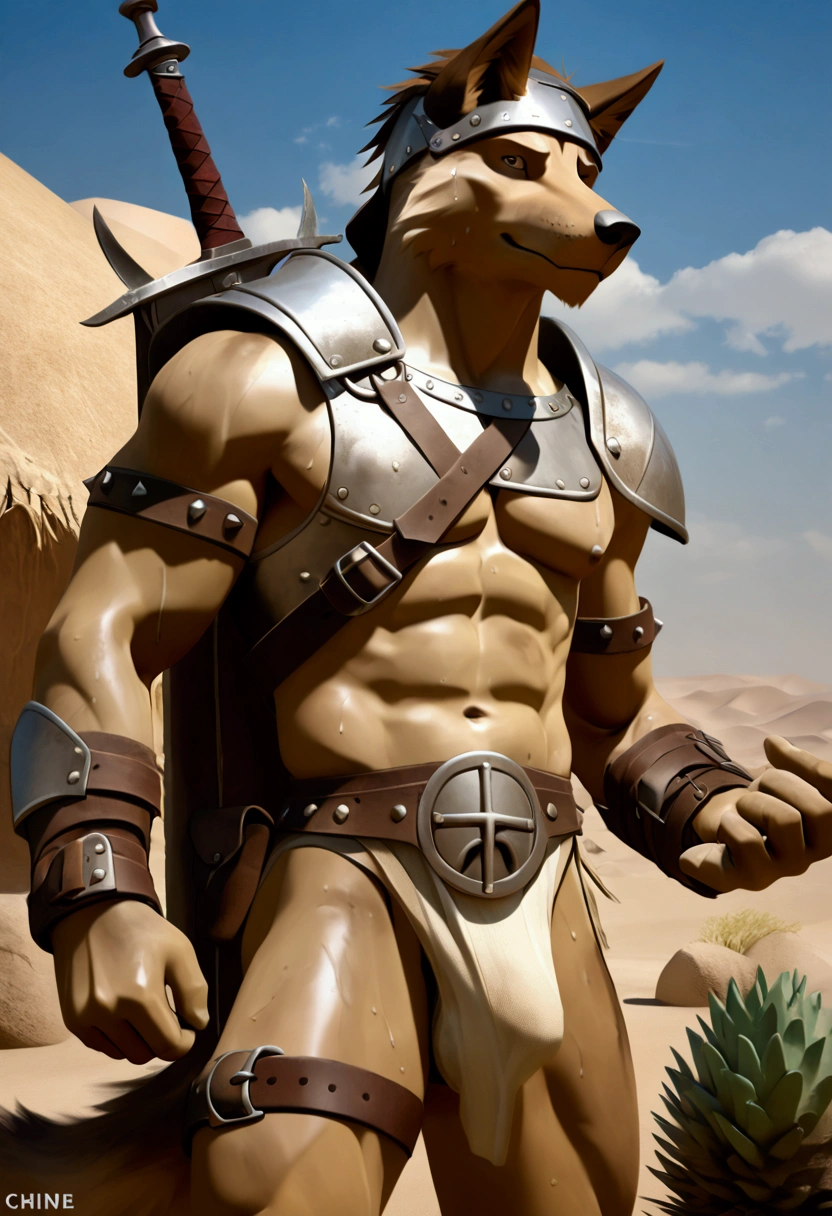 Solo Sexy anthro furry wolf male; ancient Mediterranean desert warrior; slim mesomorph handsome model apperance apperance; anthro muzzle head shape leather helmet mask with eye holes; anthro muzzle head shape leather helmet mask with eye holes, anthro muzzle head shape leather helmet mask with eye holes, sword scars; worn out rusty sexy skimpy armament. He has low on hips heavy leather studded heavy belt. he has narrow in the crotch very old worn out bulgy tigh jockstrap (smelly jockstrap fetish); His jockstrap it is made of old white worn out matte leather sewn together from a few pieces, it has never been washed, it is dirty and has stains from secretions of dried semen and sweat; His armor is old heavy brown harness with armlets studded with spikes; rusty old skimpy breatsplate armor, he has old brown leather BFR Bands on Biceps and his thighs, he has old worn out fingerless leather gloves. His armor is in ruin, it is very very old and dirty, rusted, dirty, old worn out, rusty breastplate. Even though he is a handsome and sexy man, he has a sloppy appearance, has disheveled unwashed dirty fur, dirty body look. he smells, he has stains from old blood, dirst, cum, mud, smelly furr, disgusting bastard looking. He stands proudly bravely in the Mediterranean sunny pine forest; he stands upright, furious, with his sword raised in a ready-to-fight position, he holds a sword in his right paw, ready for incoming fight; he has a proud, threatening and defiant expression on his face, with little dirty dangerous smile; he has narrow in the crotch very old worn out bulgy tigh jockstrap (smelly jockstrap fetish); His jockstrap it is made of old white worn out matte leather sewn together from a few pieces, it has never been washed, it is dirty and has stains from secretions of dried semen and sweat;, he has narrow in the crotch very old worn out bulgy tigh jockstrap (smelly jockstrap fetish); 