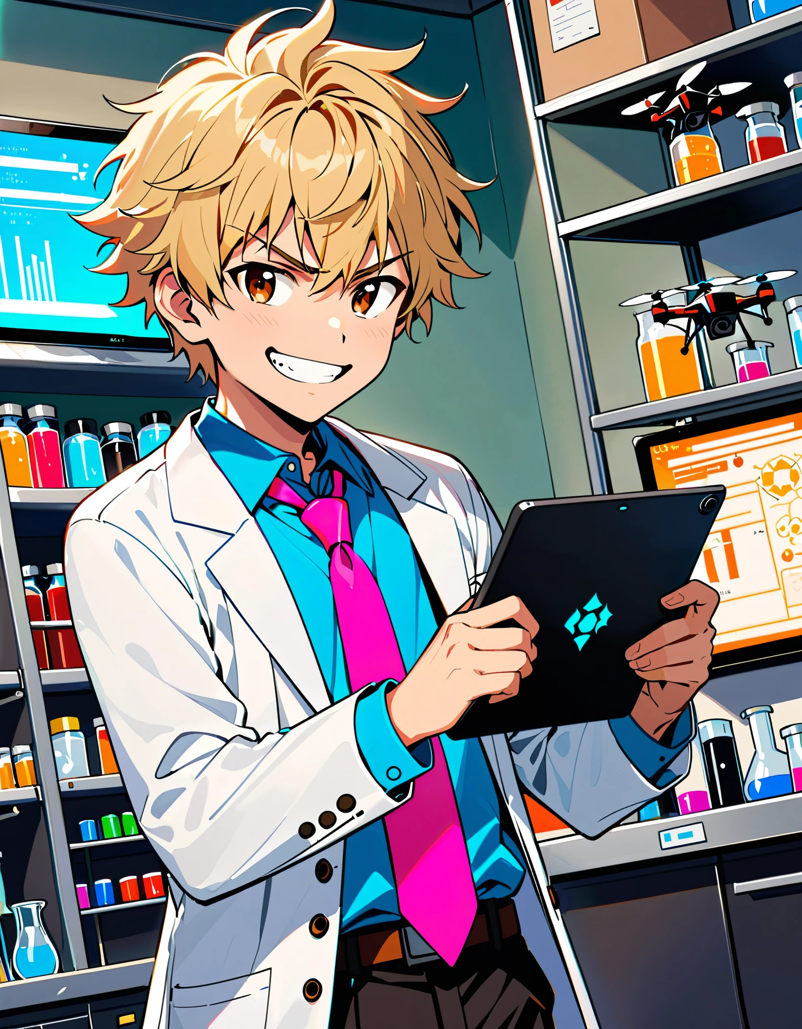 (masterpiece), (best quality), (hires), 1boy, 14 years old, solo, solo focus, male focus, scientist, (white lab vast, open coat), light blue shirt, pink necktie, black pants, slacks, brown sneakers, (perfect hands, complete fingers, holding tablet), blonde hair, short hair, messy hair, bangs, brown eyes, (evil grin), semi-cartoon style. laboratory, indoors, flying mini-drones, cowboy shot.
