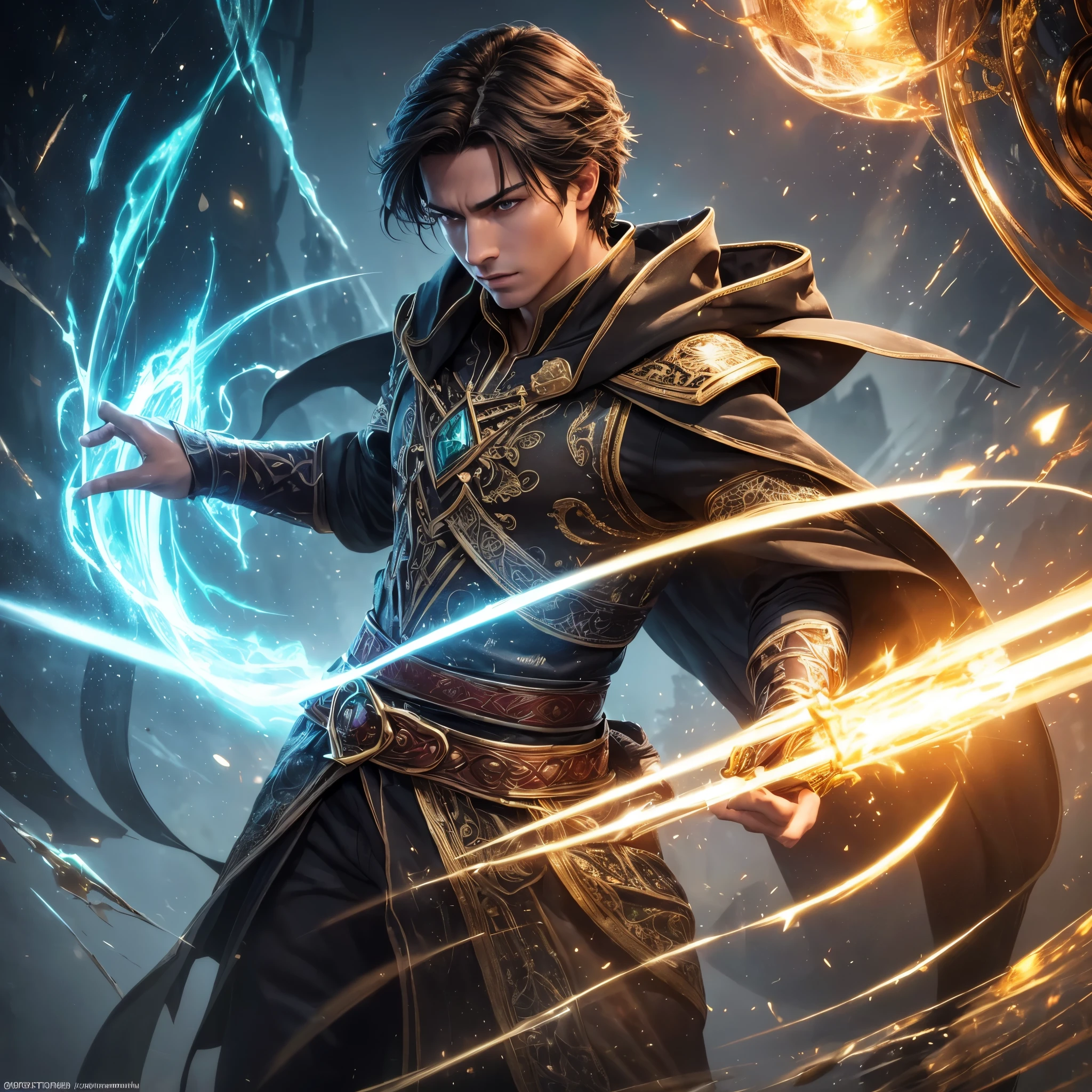 a young male wizard between 25 and 30 years old, dark brown hair, green-gray eyes, intricate patterned magical robes, ebony staff adorned with glowing crystals, standing confidently in a grand magical academy, charismatic, sense of superiority, solo, full body, (best quality,4k,8k,highres,masterpiece:1.2),ultra-detailed,(realistic,photorealistic,photo-realistic:1.37),dramatic lighting, cinematic framing, dynamic pose, vivid colors, fantasy art