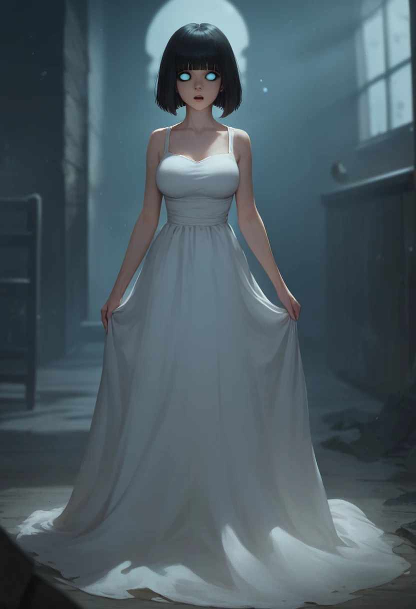 score_9,score_8_up,score_7_up,masterpiece,best quality, source anime, realistic, super detailed, extreme detailed, rating_safe,
1girl, ghostly girl, whole body luminous, feet transparent, sinister atmosphere, 
short hair, bob cut, (blunt bangs), (large breasts:0.9), 
white dress, simple dress, expressionless, empty eyes, open mouth, abandoned house, (darkness:1.3),