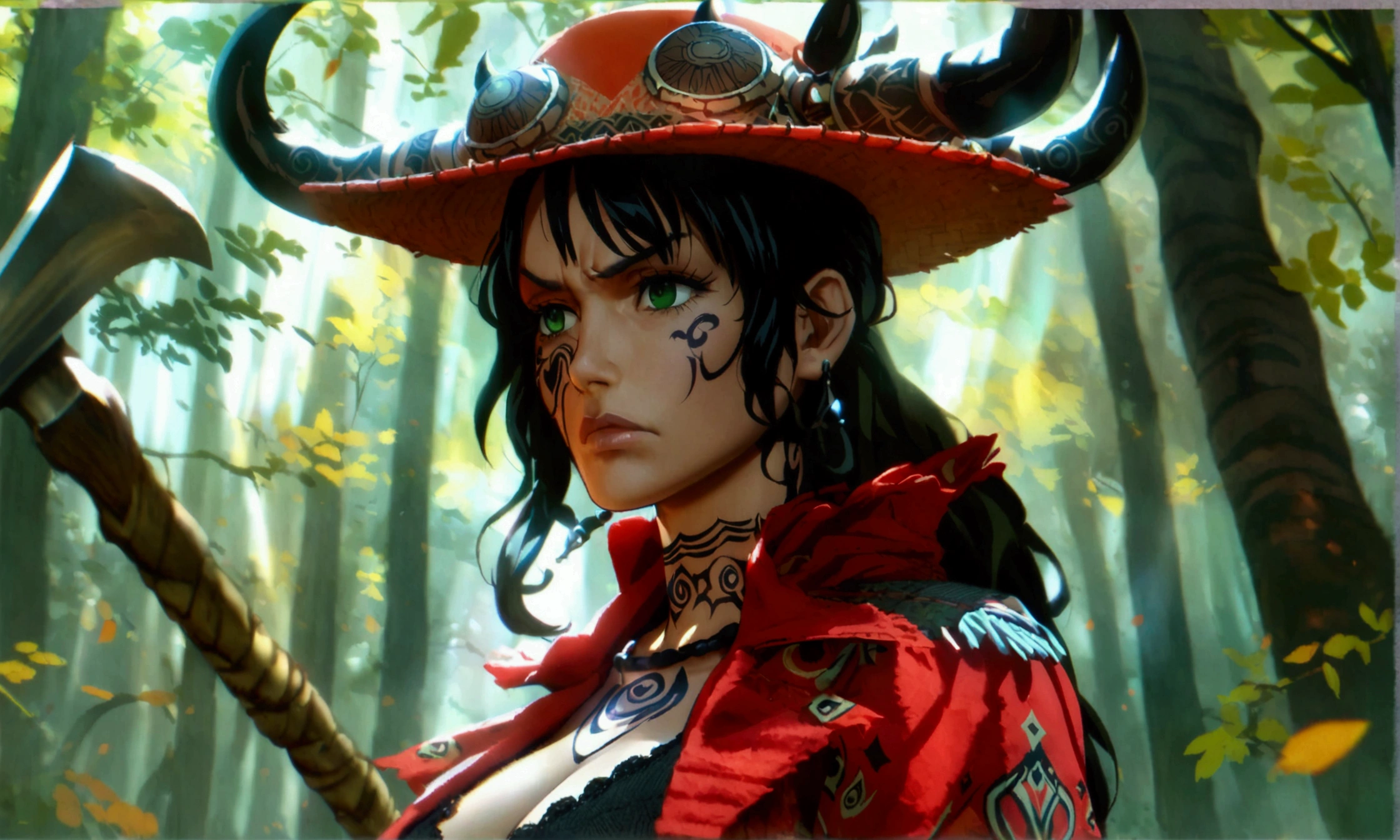 Mature black woman, serious, matured face, angry expression, brown hair, green eyes, red jacket with axe ornaments, black horns, tribal tattoos, black blouse, holding an axe, forest background, "Anime character design inspired by One Piece, full of dramatic and impressive lighting, focus on the centralized character, impressive face, full of creative details, ultra-fine 4K design, scenery bathed in creativity, boasting 2D anime resolution clarity, HD anime graphics, high-octane rendering"