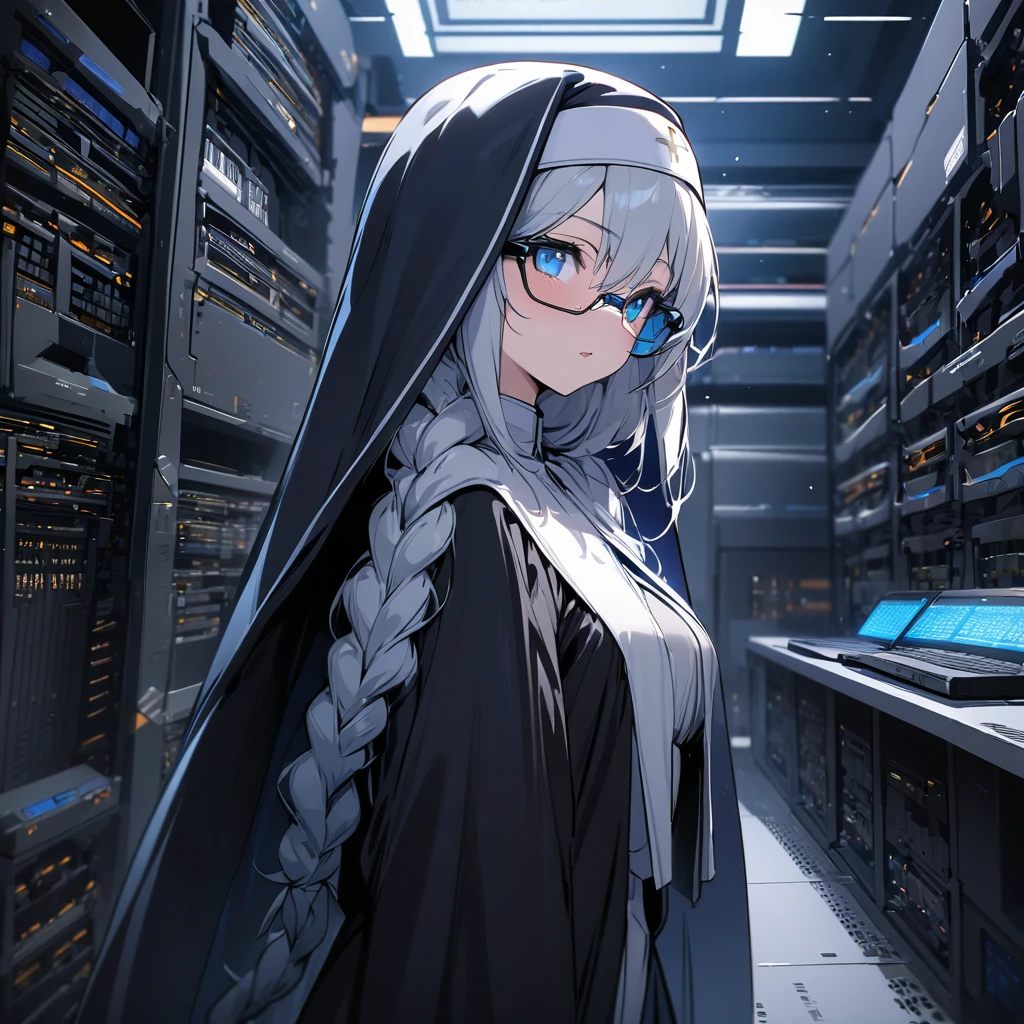 Top quality, masterpiece, high resolution, girl,Advanced mechanical technology glasses, braided hair, blue eyes ,habit nun, server room, monitor room