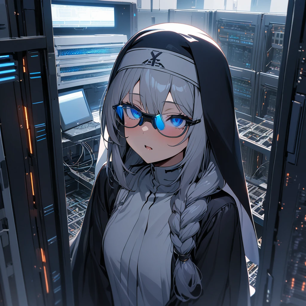 Top quality, masterpiece, high resolution, girl,Advanced mechanical technology glasses, braided hair, blue eyes ,habit nun, server room, monitor room