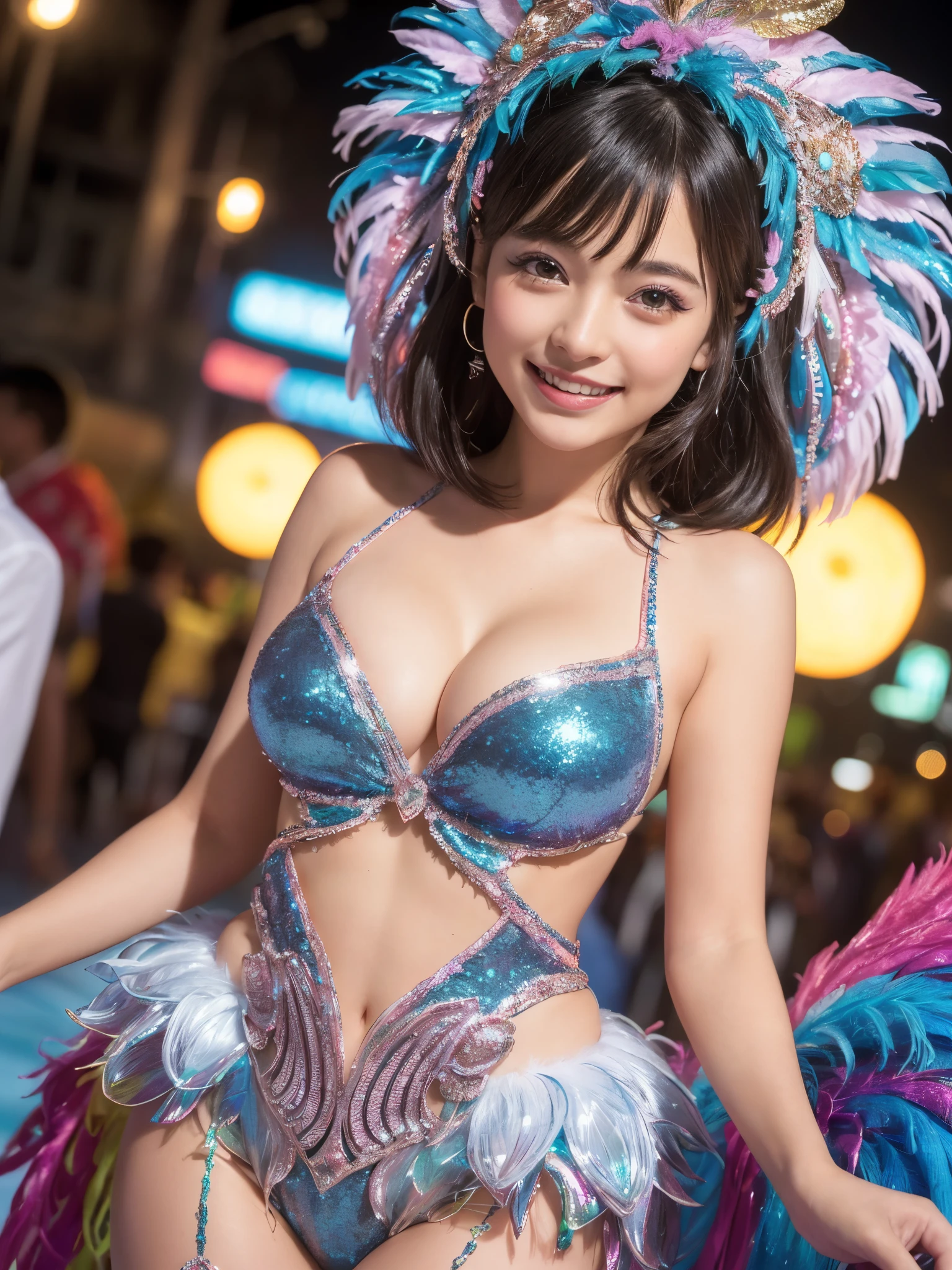 (ung girl), kawaii, (happy smile:1.2), cute face, (samba carnival costume, beautiful iridescent costume:1.3), cleavage, beautiful breasts, (Best Quality:1.4), Realistic, extremely detailed CG unified 8k wallpaper, highly detailed, professional photography, Realistic portrait, Outdoors, (samba carnival festival:1.2), (samba carnival, lively festivals, lots of people), (Samba carnival dancer costume, gorgeous, luxurious, wonderful costume, sexy costume, glittering, gorgeous, sequins, elegant:1.2), miracle, the best moment, (Fine face:1.2),