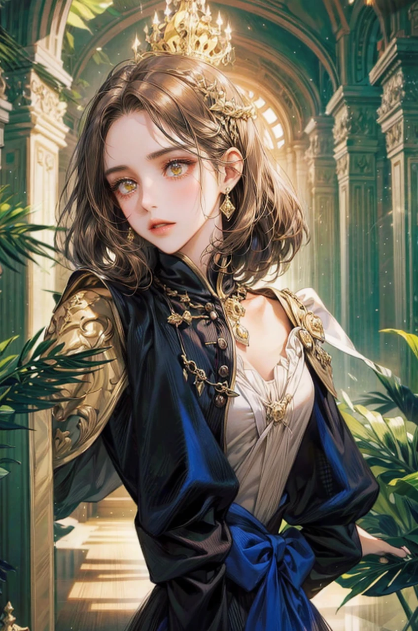 Noble woman, skin black, yellow  eyes, brown hair, comprido, the background is a palace hall 