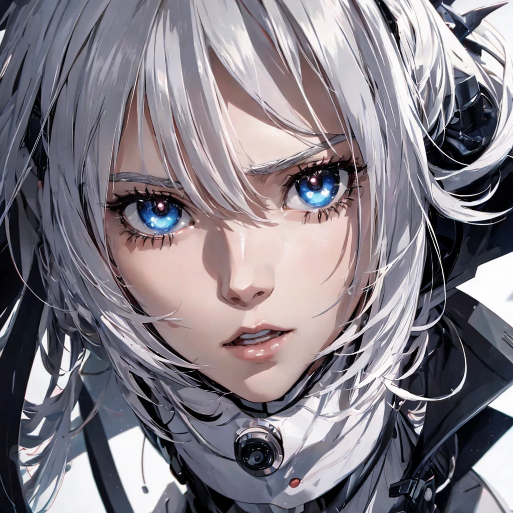 Dystopia、Head close-up、one adult woman, White hair color、Amazing anime 8k,male Anime characters, trigger anime art style,、 Best anime 4k konachan wallpaper, Nervous Teenage Assassin, Anime-style characters, Anime characters,